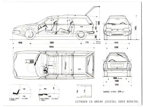 Fotografie Auto Citroen CX Break, verschiedene Darstellungen mit den wichtigsten Massen, Werkfoto