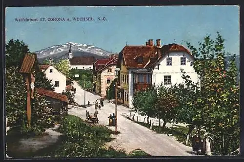 AK St. Corona am Wechsel, Strassenpartie mit Marterl aus der Vogelschau