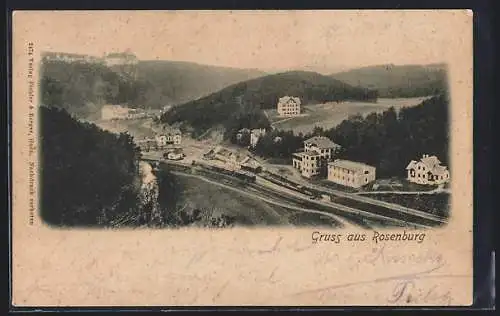 AK Rosenburg, Ortsansicht mit Bahngelände aus der Vogelschau