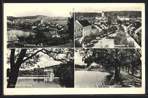 AK Litschau, Stadtplatz, Herrenteich mit Burg, Teichpomenade, Totalansicht