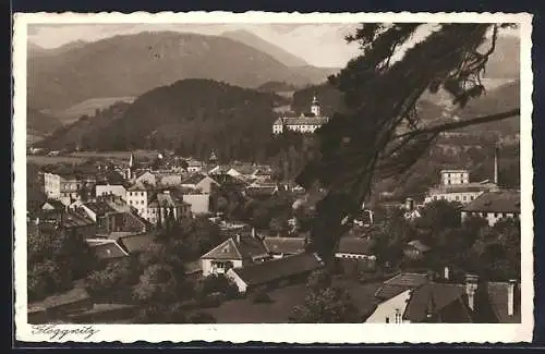 AK Gloggnitz, Ortsansicht mit Bergpanorama aus der Vogelschau