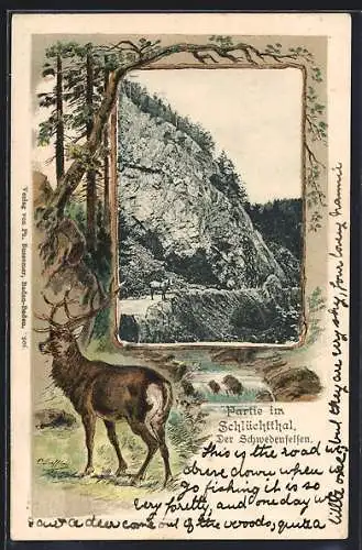 Passepartout-Lithographie Ühlingen, Der Schwedenfelsen im Schlüchtthal