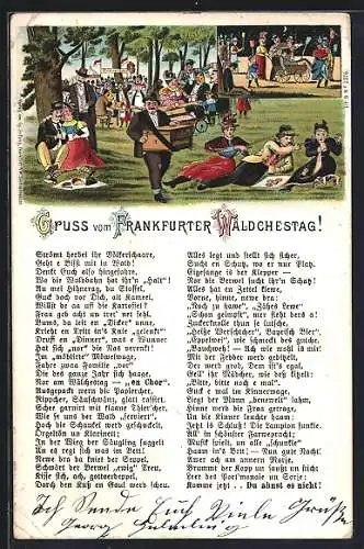 Lithographie Frankfurter Wäldchestag, Festwiese mit verliebten Paaren, Leierkastenspieler