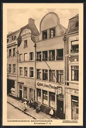 AK Düsseldorf, Gasthof von A. Fenster und niederrheinische Backsteinhäuser, Kurzestrasse 7-9