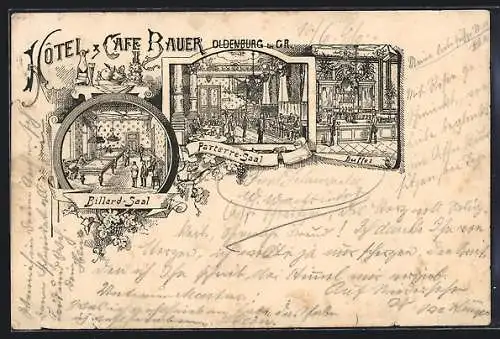 Lithographie Oldenburg im Gr., Hotel und Café Bauer, Billardsaal, Parterresaal und Buffet