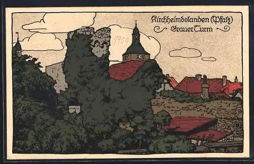 Steindruck-AK Kirchheimbolanden /Pfalz, Ortsansicht und Grauer Turm