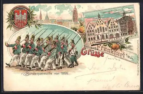 Lithographie Alt-Frankfurt, Ortsansicht, Bundespatrouille vor 1866