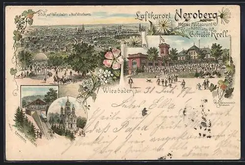 Lithographie Wiesbaden, Obere Station Zahnradbahn, Griech. Kapelle, Hotel Restaurant und Weinhandlung Gebrüder Krell