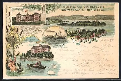 Lithographie Mainau, Dampfschiff Kaiser Wilhelm, Schloss v. d. Seeseite, Schlosshof