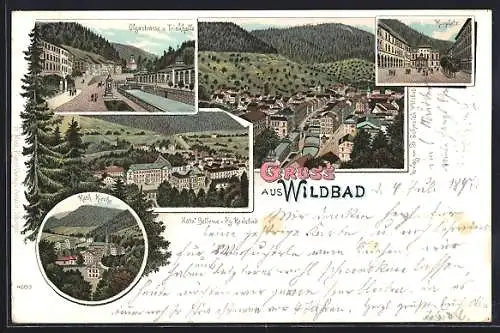 Lithographie Bad Wildbad, Olgastrasse mit Trinkhalle, Kath. Kirche, Kurplatz, Hotel Bellevue