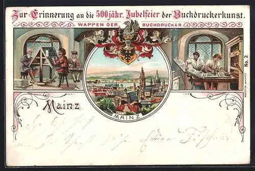 Lithographie Mainz, 500 Jahre Buchdruckerkunst, Wappen der Buchdrucker, Ortsansicht