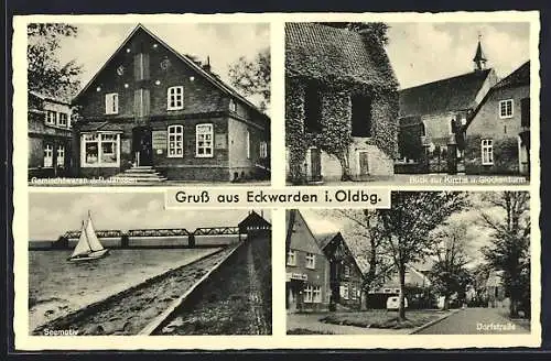 AK Eckwarden i. Oldbg., Gemischtwaren J. R. Janssen, Kirche und Dorfstrasse