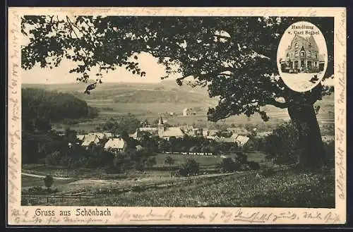 AK Schönbach / Dillkreis, Ortsansicht mit Kirche aus der Vogelschau, Handlung vn Carl Seibel