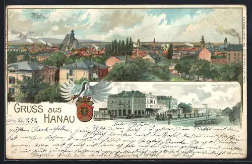 Lithographie Hanau, Gesamtansicht, Bahnhof