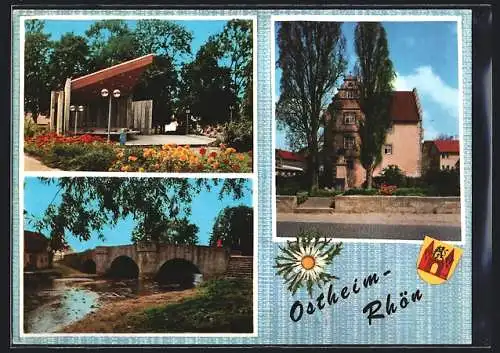 AK Ostheim /Rhön, Musikpavillon am Tanzberg, Torbrücke, Hansteinsches Schloss