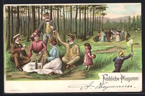 AK Fröhliche Pfingsten, Gesellschaft bei einem Picknick im Wald