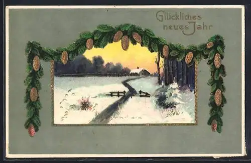 AK Neujahrsgruss, Winterlandschaft im Tannen-Passepartout