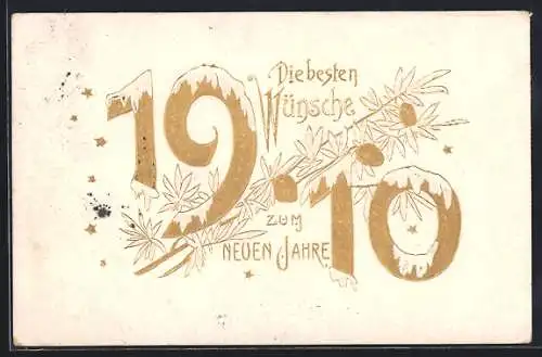 Präge-AK Jahreszahl 1910, Eingeschneiter Schriftzug, Neujahrsgruss