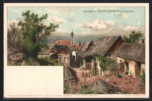 Lithographie Dürnstein a. d. Donau, Teilansicht mit kleiner Gasse