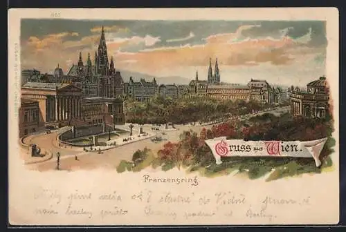 Lithographie Wien, Parlament am Franzensring aus der Vogelschau, Wappen