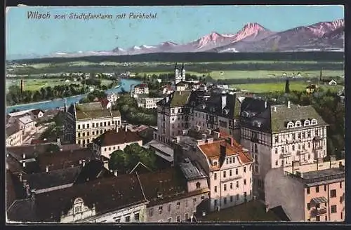 AK Villach, Blick vom Stadtpfarrturm mit Park-Hotel