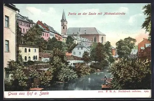 AK Hof a. Saale, Saalepartie mit Michaeliskirche