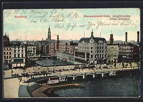 AK Hamburg, Reesendammbrücke, Jungfernsteig u. Alster-Arkaden aus der Vogelschau