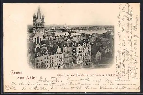 AK Köln, Blick auf Deutz u. Schiffbrücke vom Rathausturm aus