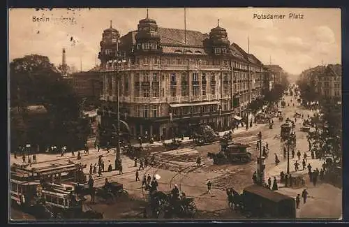 AK Berlin-Tiergarten, Potsdamer Platz aus der Vogelschau, mit Strassenbahn