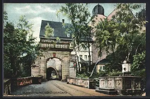 AK Schwarzburg, Schlosseingang mit Brunnen