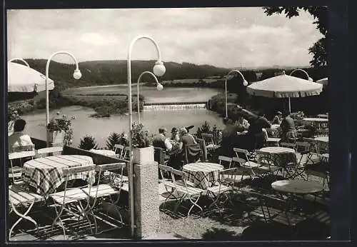 AK Landsberg a. Lech, Cafe-Restaurant Lechblick an der Romantischen Strasse, Blick ins Lechtal