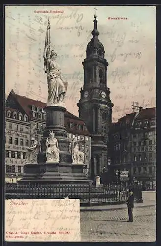 AK Dresden, Kreuzkirche mit Geschäften und Germania-Denkmal