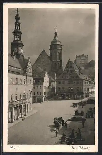 AK Pirna, Marktplatz mit Uhrenturm und Geschäften