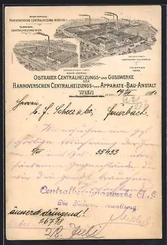 Lithographie Hannover-Hainholz, Hannoversche Centralheizung Wien VIII /1., hannoversche Fabrik, österr. Fabrik