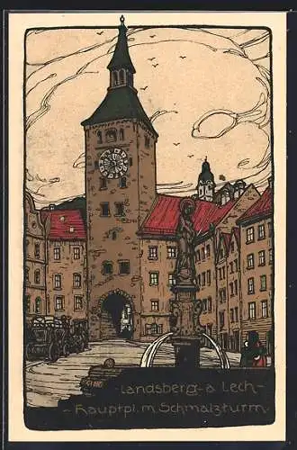 Steindruck-AK Landsberg a. Lech, Der Hauptplatz mit Schmalzturm