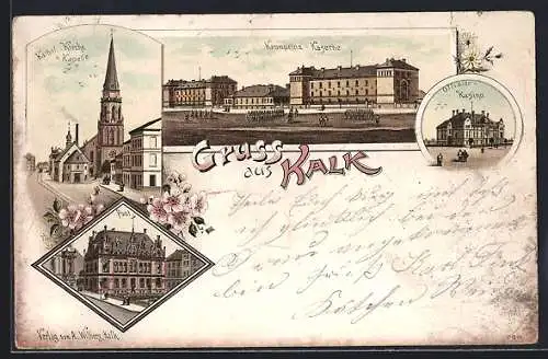 Lithographie Köln-Kalk, Post, Offizier-Kasino, Kronprinz-Kaserne