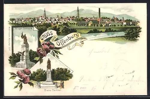 Lithographie Offenburg, Krieger-Denkmal, Drake-Denkmal, Panorama