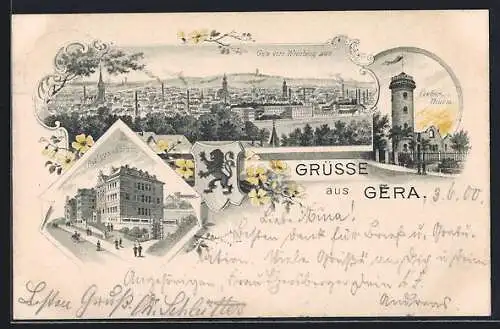 Lithographie Gera, Panorama von Weinberg aus, Ferber-Thurm, Realgymnasium