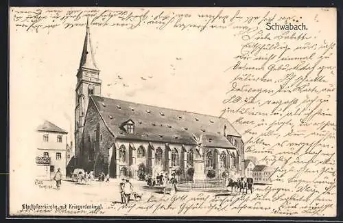 Künstler-AK Eugen Felle: Schwabach, Stadtpfarrkirche mit Kriegerdenkmal