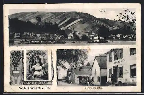 AK Niederheimbach a. Rh., Strassenpartie am Gasthaus zum Bahnhof, Ortsansicht