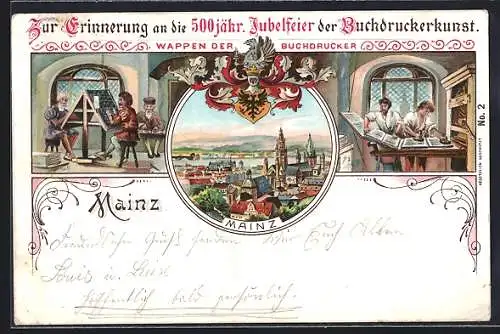 Lithographie Mainz, 500jähr. Jubelfeier der Buchdruckerkunst, Setzerei, Druckerei, Wappen der Buchdrucker