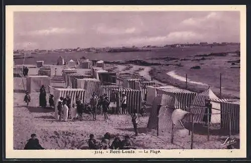 AK Port-Louis, La Plage avec tentes de plage et promeneurs