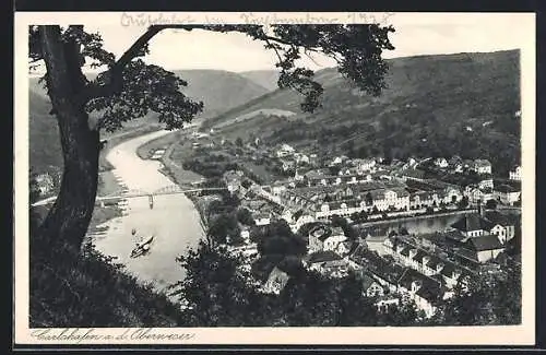 AK Carlshafen a. d. Oberweser, Ortsansicht mit Weserbrücke aus der Vogelschau