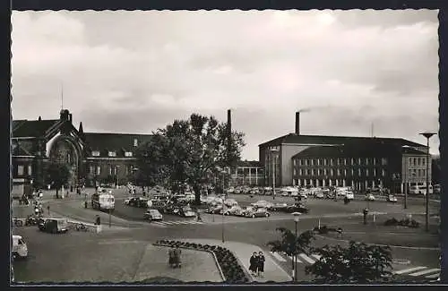 AK Osnabrück, Bahnhofsvorplatz mit Hauptbahnhof aus der Vogelschau