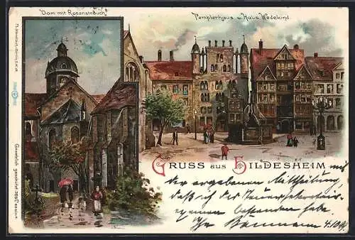 Lithographie Hildesheim, Templerhaus, Haus Wedekind & Dom mit Rosenstrauch