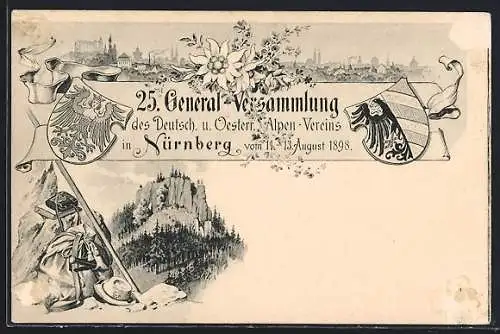 AK Nürnberg, 25. General-Versammlung des Deutsch. & Oesterr. Alpen-Vereins 1898, Panoramablick, Ganzsache