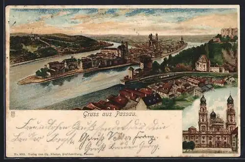 Lithographie Passau, Ortsansicht aus der Vogelschau und Dom