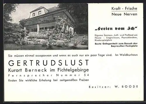 AK Berneck im Fichtelgebirge, Gasthaus Gertrudslust v. W. Boode