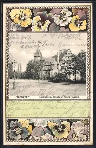 Lithographie Hannover, Gasthaus Listerturm v. Franz Kasten, florales Passepartout