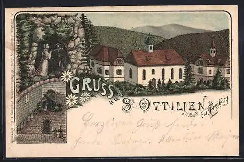 Lithographie St. Ottilien b. Freiburg, Ortsansicht, Mönch beim Gebet